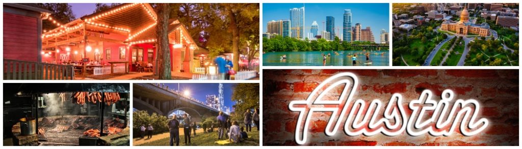 Multiple Images of Austin, Capital, City, Bridge Lights, and BBQ Food